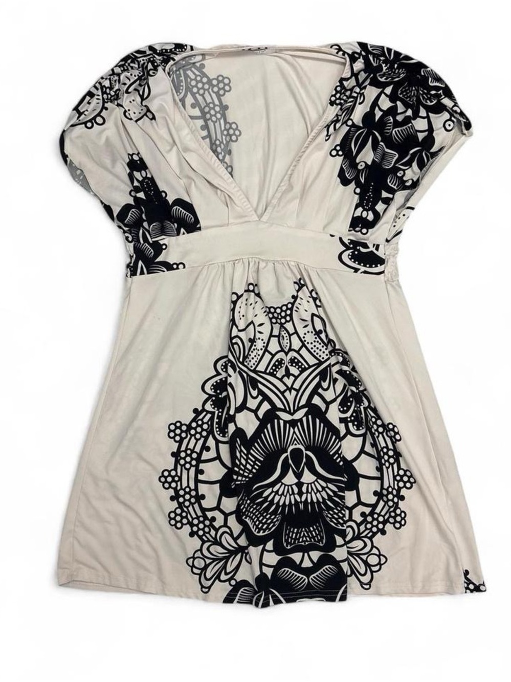 Skatie Cream and Black V-Neck Swim Cover-Up with Floral Print